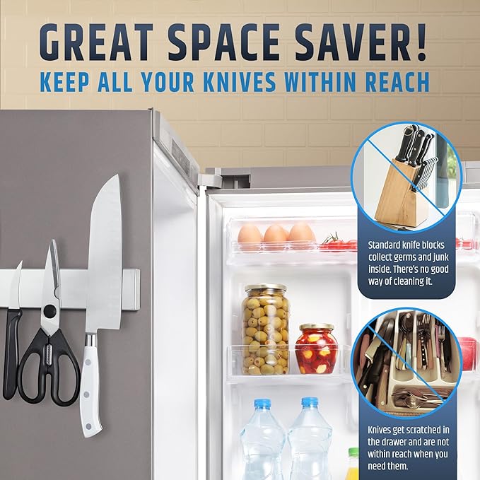 12" Premium Magnetic Knife Holder for Refrigerator (Double-Sided Heavy-Duty Magnets) - Upgraded Strip for Strong Fridge Mount - Clear Up Counter Space - 304 Anti-Rust Stainless Steel (Upgraded Design)