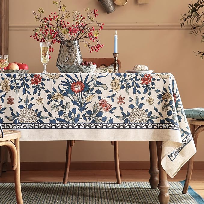 patdrea Designer Blue Small Tablecloth for Rectangle Table,Vintage Linen with Leaves and Floral Pattern Tablecloths,Farmhouse Decor Cover for Kitchen Dining Christmas,Thanksgiving,55"x71"-Ivar a