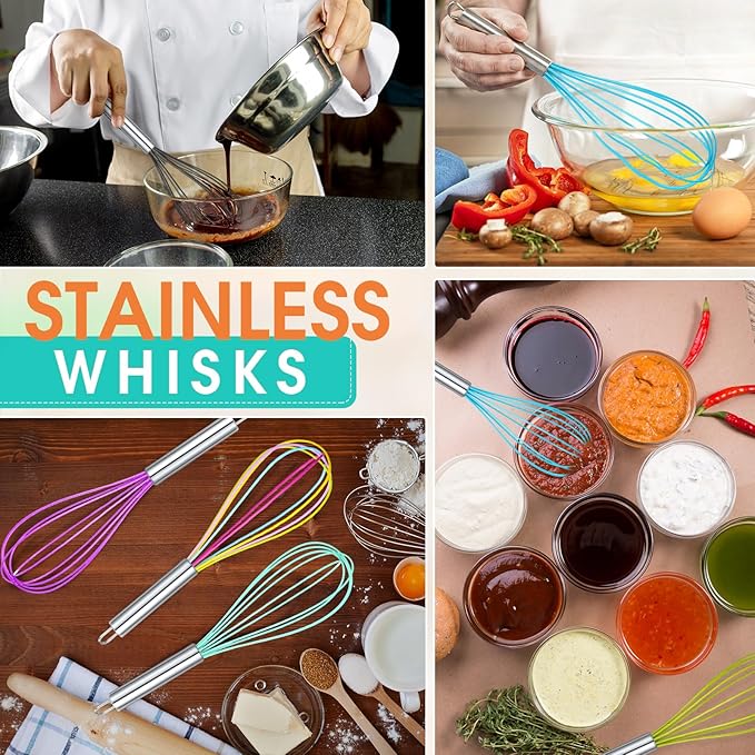 Domensi 16 Pcs 8 Inch Whisks Bulk for Cooking Silicone Whisks Non Scratch Stainless Steel Hand Coated Metal Heat Resistant Egg Beaters for Classroom Cook Party Favor Gift Supplies