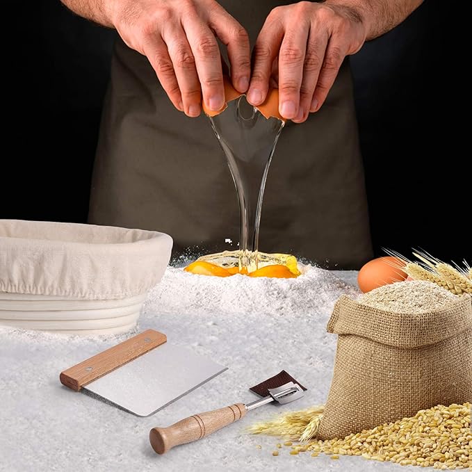 Bread Proofing Basket Set 9.6 Inch Oval and 10 Inch Round Natural Rattan Proofing Baskets with Bread Lame and Dough Scraper and Linen Liner Bread Making Tools for Professional and Home Bakers