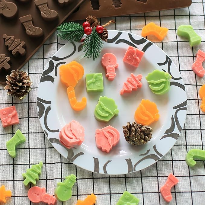 Chocolate Molds Silicone Christmas, Small Silicone Molds with 6 Shapes of Santa/Stockings/Tree/Candy Cane/Snowman/Xmas Box, Mini Candy Mold for Gummy/Fudge/Jelly/Fruit Snacks, 2 Pcs