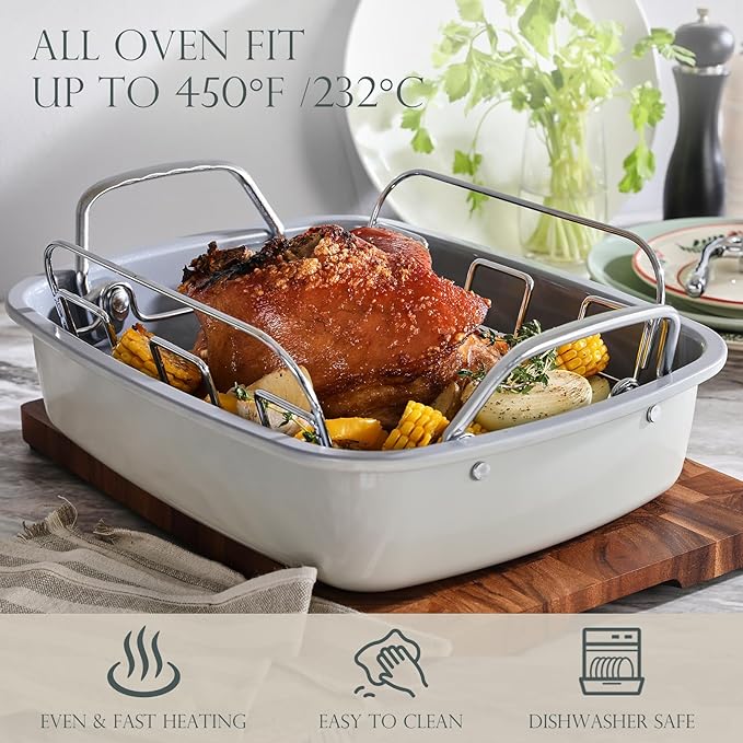 KITESSENSU Nonstick Turkey Roasting Pan with Rack 17 x 14 inch - Large Chicken Roaster Pan for Oven - Wider Handles & Heavy Duty Construction - Suitable for 24lb Turkey, Cream