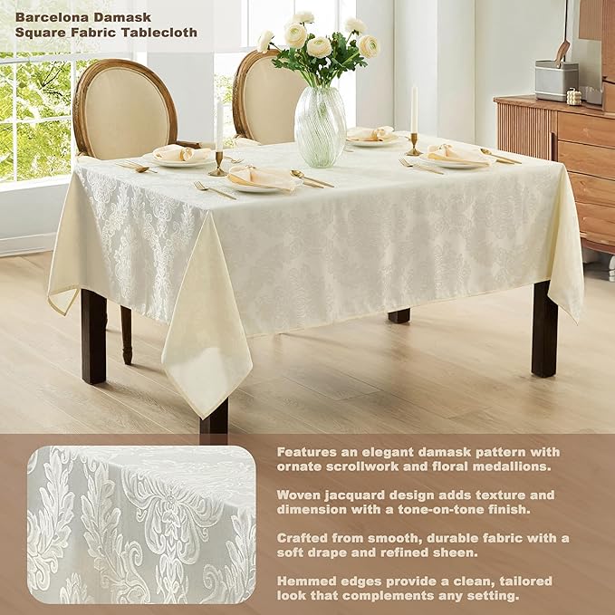Newbridge Barcelona Luxury Damask Fabric Tablecloth, 52” Wide x 52” Square, Antique White, 100% Polyester, No Iron, Soil Resistant Dining Room, Party and Banquet Table Cover