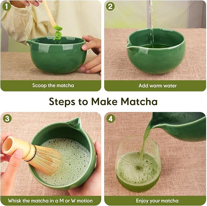 Matcha Whisk Set – Ceramic Matcha Set with Matcha Bowl, Matcha Whisk & Holder, Bamboo Scoop, Tea Towel – 5-Piece Japanese Matcha Kit for Matcha Lovers, Beginners & Gifting (Green, 17oz)
