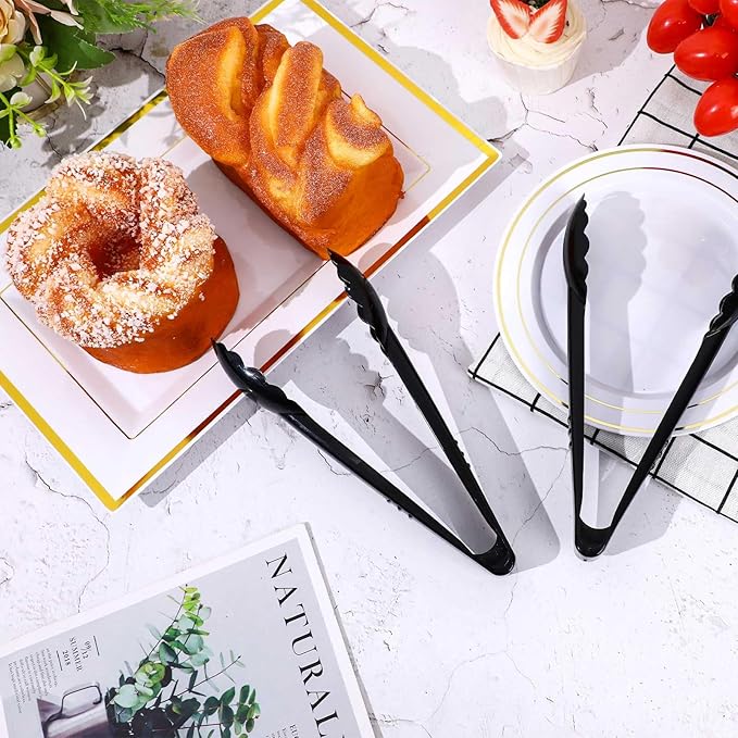 12 Pc Serving Tongs 9 Inch Bulk Reusable or Disposable Plastic Tongs Heavy Duty Hard Plastic Serving Utensils Set Large Salad Tong for Kitchen Party Food Buffet Appetizer BBQ Event Catering(Black）
