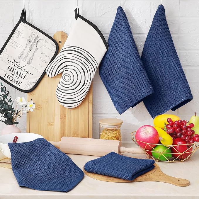 Homaxy 100% Cotton Waffle Weave Kitchen Dish Cloths, Ultra Soft Absorbent Quick Drying Dish Towels, 12 x 12 Inches, 6-Pack, Navy Blue