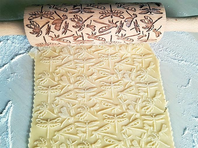 DRAGONFLY EMBOSSING ROLLING PIN WOODEN EMBOSSING ROLLING PIN with DRAGONFLY for EMBOSSED COOKIES GIFT for MOTHER FRIEND