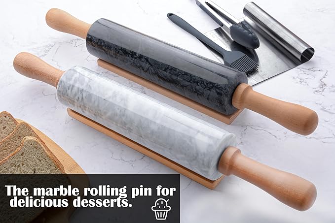 Marble Rolling Pin Set with Silicone Pastry Mat,Pastry Brush,Cooking Tongs,Stainless Steel Scraper18.5 inch Polished Non-Stick Roller for Pizza Dough,Fondant,Pie Crust(Gray White)