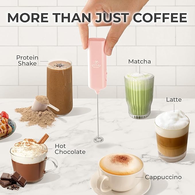 Mini & Mighty Milk Frother Wand – Powerful Handheld Coffee Frother, Battery Operated Drink Mixer – Compact Pocket Size – Detachable Whisk for Latte, Cappuccino, Matcha, Hot Chocolate – Pink Salt