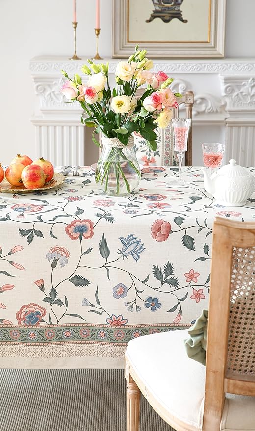 ISAENNE Designer Chinoiserie Linen Floral Small Rectangular Tablecloth,White Wrinkle Resistant Table Cloth,Elegant Decor Tablecloths for Dining Thanksgiving Kitchen Party,55"*71"-Daffy