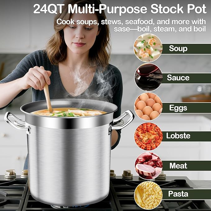 Stainless Steel Stock Pot-24QT Heavy Duty Induction Cooking Pot with Visible Lid,Big Stockpot, Deep Cookware Commercial Grade Stock Pot & Stockpots for Boiling Cooking Soup Stew Canning Cooking Pots