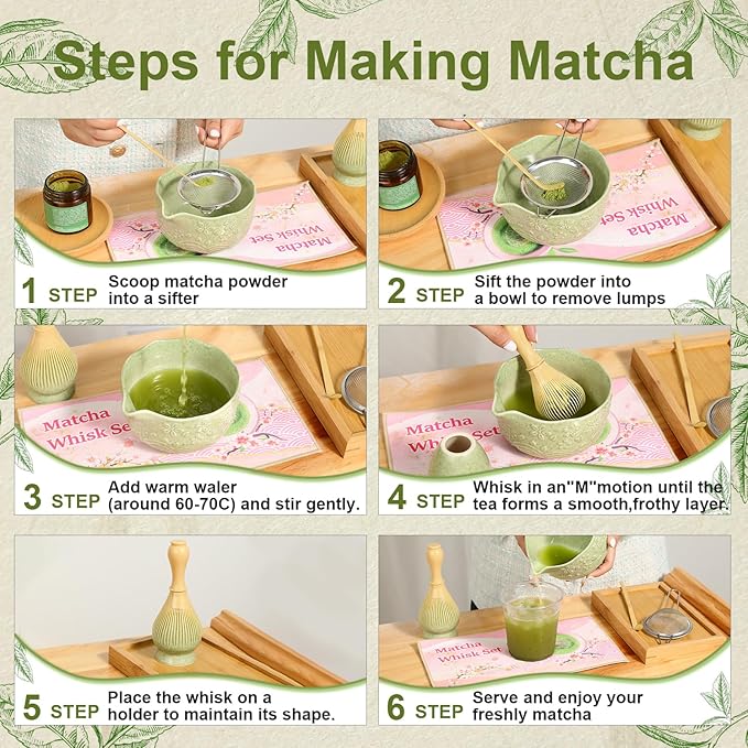 6pcs Matcha Whisk Set Includes Resin Matcha Whisk,Ceramic Matcha Bowl Set and Sifter,Matcha Whisks Holder,Natural Bamboo Spoon and Tea Towel for Matcha Starter Kit Lovers (Mottled Green)