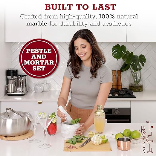 Gusto Nostro Natural Marble Mortar and Pestle Set | 6 Inch - 3.5 Cup Extra Large Mortar Pestle Set for Grinding Herbs, Nuts, Grains | Pesto Grinding and Guacamole Stone Bowl | Marble Spice Crusher
