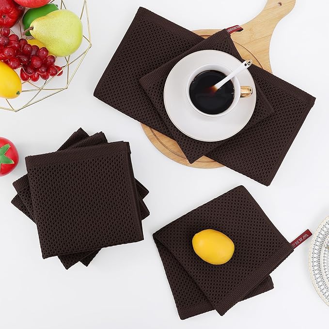 Homaxy 100% Cotton Waffle Weave Kitchen Dish Cloths, Ultra Soft Absorbent Quick Drying Dish Towels, 12 x 12 Inches, 12-Pack, Dark Brown