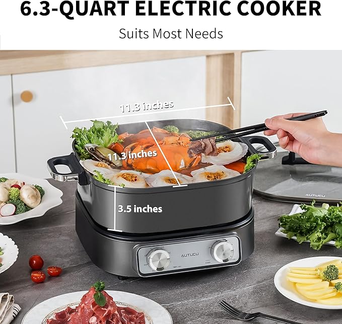 Electric Skillet 6-Quart Hot Pot Nonstick - PFOA-Free Ceramic Coating Pot, 1600W, Timer & 3 Power Settings for Steak, Egg, Ramen