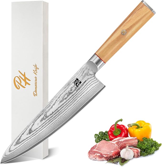 Damascus Chef Knife, 8 Inch Damascus Japanese Chef's Knife with VG10 High Carbon Steel, Professional Kitchen Knife with Olive Wood Handle & Gift Box, Sharp Cooking Knives for Home Kitchen Gift Idea