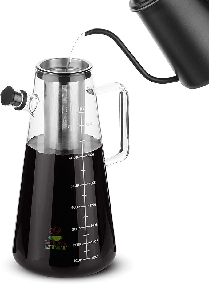 BTaT- Airtight Cold Brew Iced Coffee Maker Pitcher, 2 Liter/ 64 oz, Iced Tea Maker with Spout, Brewing Glass Carafe with Removable Stainless Steel Filter