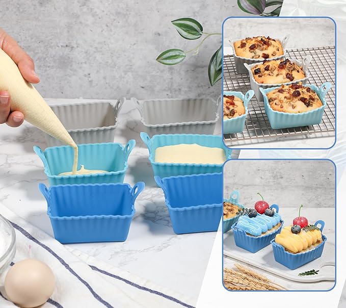 Koluti Nonstick Silicone Muffin Baking Cups Pack of 12, Reusable Cupcake Molds with Double Handle, BPA Free, Mini Rectangle Air Fryer Cupcakes Liner, 3 Colors