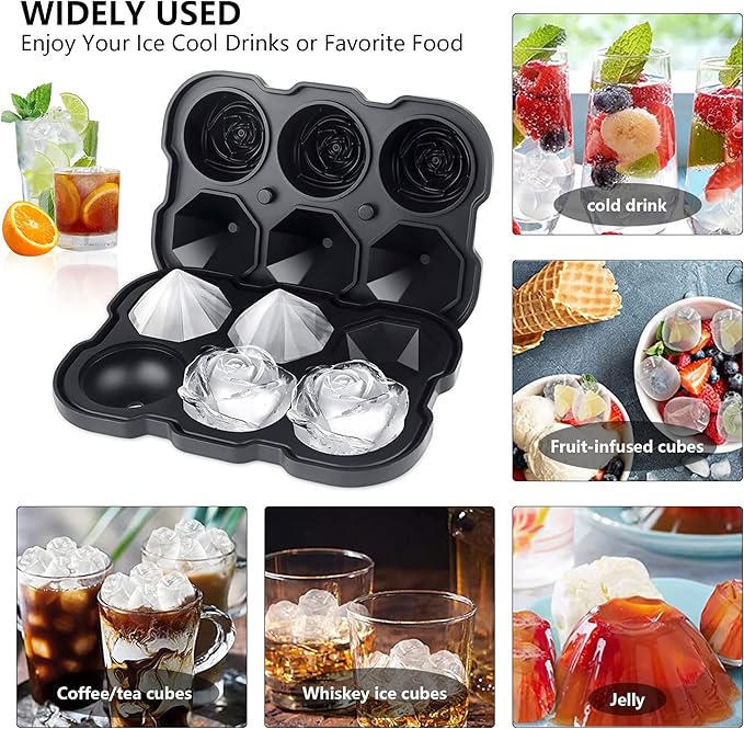 Rose Ice Cube Tray,ZACHDEE 2" Flower Silicone Ice Cube Tray With Covers,6 Easy Release Large Ice Ball for Cocktails, Drinks, Whiskey, Bourbon & Homemade Juice