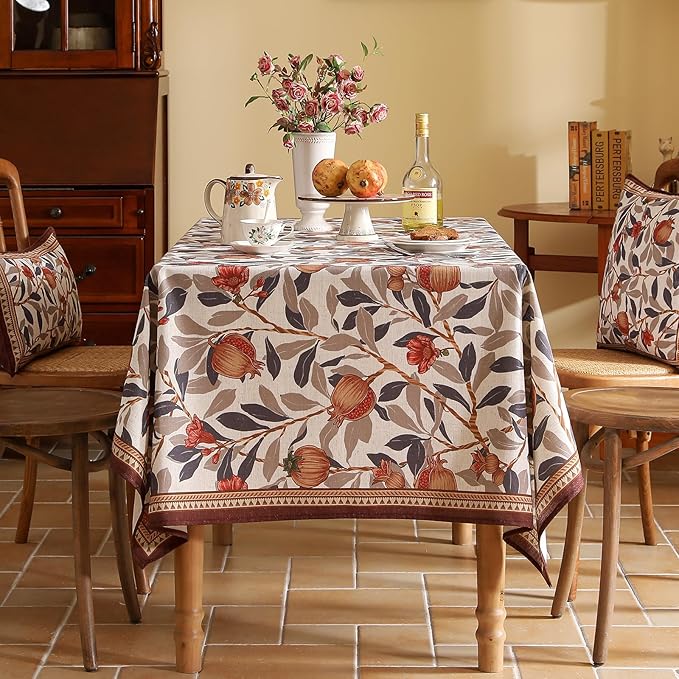 patdrea Designer Linen Extra Long Rectangle Tablecloth,Framhouse Vintage Pomegranates Leaves Pattern Tablecloths,Table Cover Decor for Kitchen Dining Christmas,Thanksgiving,63"x110"-Tehran a