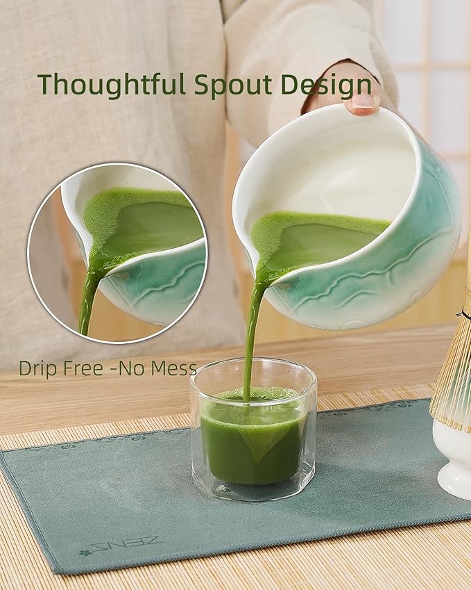 ZENS Matcha Whisk Set, 6Pcs Matcha Set Includes Ceramic Bowl, Bamboo Whisk and Chasen Holder,Scoop, 304 Stainless Sifter & Tea Mat, Matcha Kit for Tea Ceremony, Blue