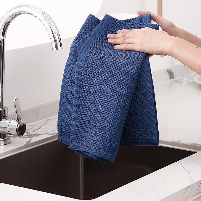Homaxy 100% Cotton Oversized Waffle Weave Kitchen Dish Towels, Ultra Soft Absorbent Quick Drying Cleaning Towel, 20 x 28 Inches, 4-Pack, Navy Blue