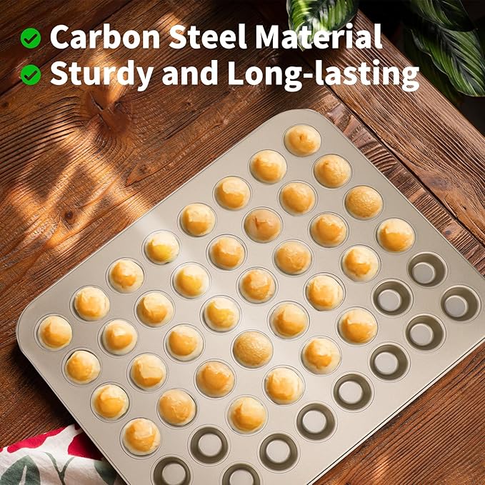 Beasea Nonstick Mini Muffin Pan 48 Cups, 2 Pack 48 Mini Small Tiny Cup Non Stick Muffin Baking Pan Tin Tray Carbon Steel Bakeware Individual Cupcake Baking Pan - Gold