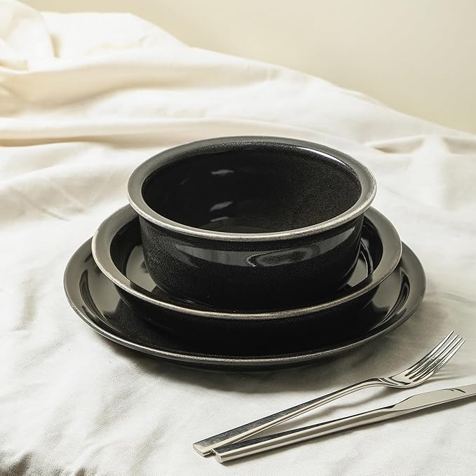 Stone Lain Slate 24-Piece Dinnerware Set Stoneware, Plates and Bowls Set, Dishwasher and Microwave Safe, Dish Set for 8, Black