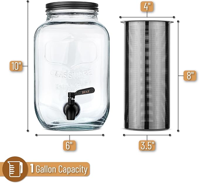 BTaT- Cold Brew Coffee Maker, 1 Gallon, Black, Mason Jar Cold Brew Maker, Cold Brewer Coffee Maker, Cold Brew Mason Jar Coffee Maker, Cold Brew Tea Maker, Iced Coffee Maker, Coffee Cold Brew Maker