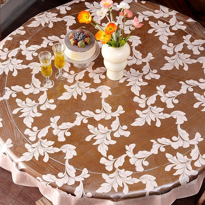 Vinyl Table Cloth Round Clear Table Cover Protector with Block Printed Pattern Oil Spill Proof Farmhouse Rustic Plastic Table Covers for Dining Tables (Scroll Grass, 55 Inches Round)