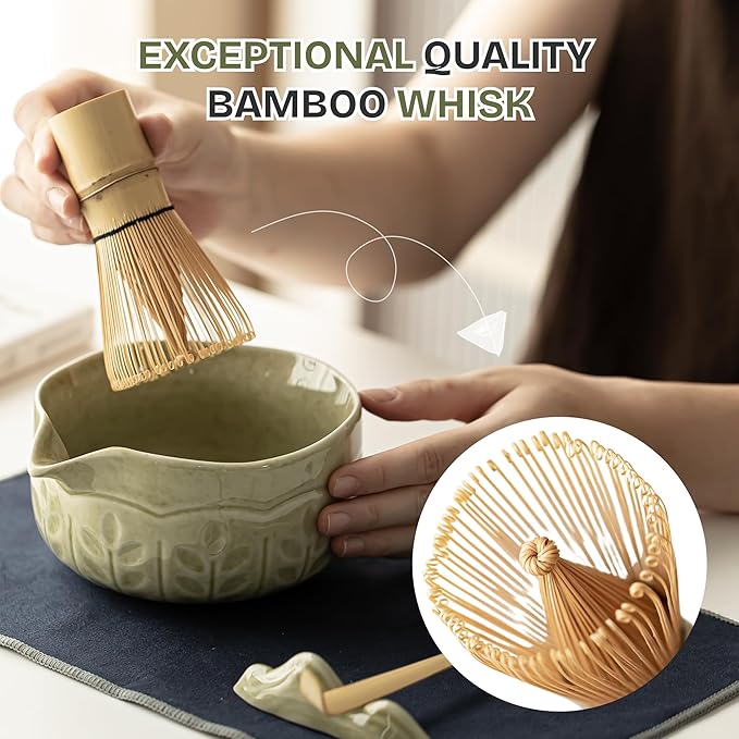 Matcha Whisk Set, 7 PCS Matcha Kit with Matcha Bowl with Spout, Bamboo Matcha Whisk and Scoop, Matcha Accessories & Sifter – Complete Matcha Set for Tea Lovers, Matcha Gift Set (Green)