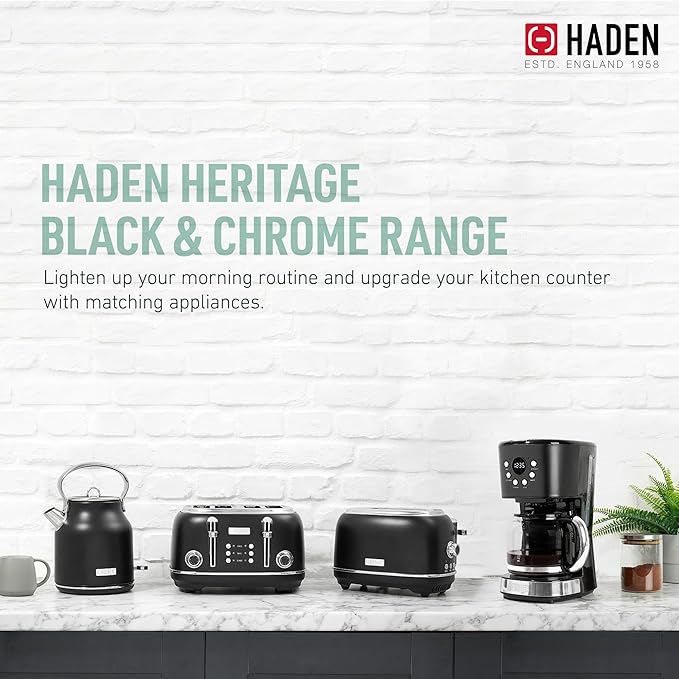 Haden Heritage 4 Slice Wide Slot Stainless Steel Toaster Bundled with 1.7 Liter Stainless Steel Electric Water Kettle, Black & Chrome