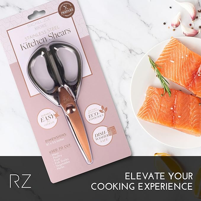 Rachel Zoe Multi-Purpose Kitchen Scissors, Stainless Steel Shears with Protective Sheath & Soft Handle Grips, Dishwasher Safe, Vegetables, Fruits & Meat Cutting Scissors, Essentials (Green/Copper)