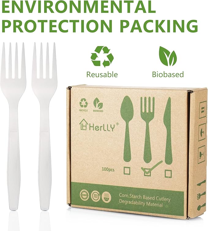 Compostable Fork,100 Biodegradable Silverware for Party,Large Disposable Utensils Eco Friendly Durable and Heat Resistant,Alternative to Plastic Fork