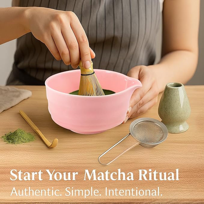Pink Matcha Tea Set – Japanese Matcha Bowl with Spout, Bamboo Whisk, Scoop, Holder & Strainer – Complete Ceremonial Matcha Kit for Beginners & Gift-Giving