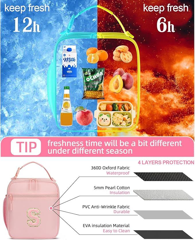 Initial Insulated Lunch Bag for Girls Kids, Back to School Gift, Reusable Leak-proof Lunch Box with Adjustable Strap for School Daycare Travel Picnic (Pink,S)