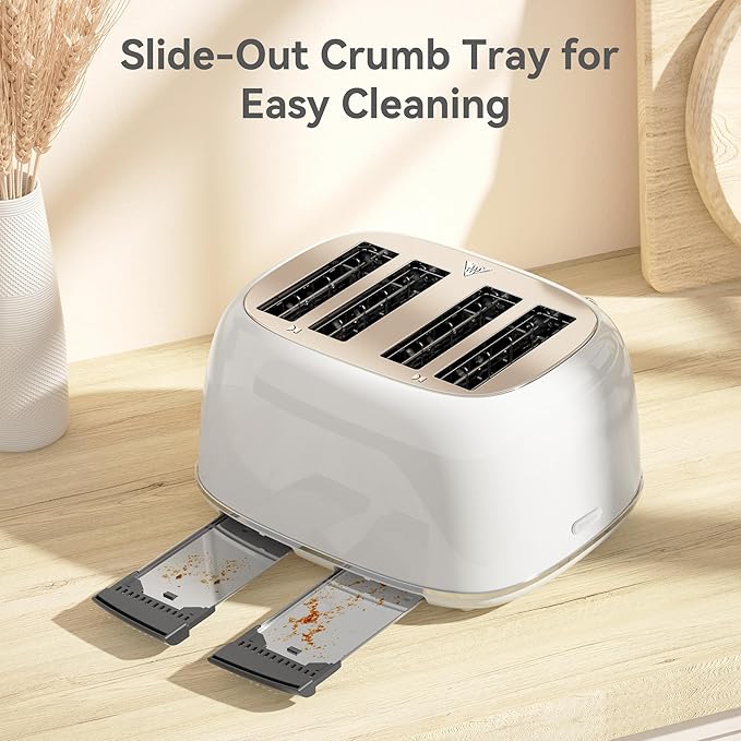 Toaster 4 Slice, Retro Stainless with 6 Bread Shade Settings,1.5''Wide Slots Toaster with Cancel/Defrost/Reheat Functions,Dual Independent Control Panel, Removal Crumb Tray (White)
