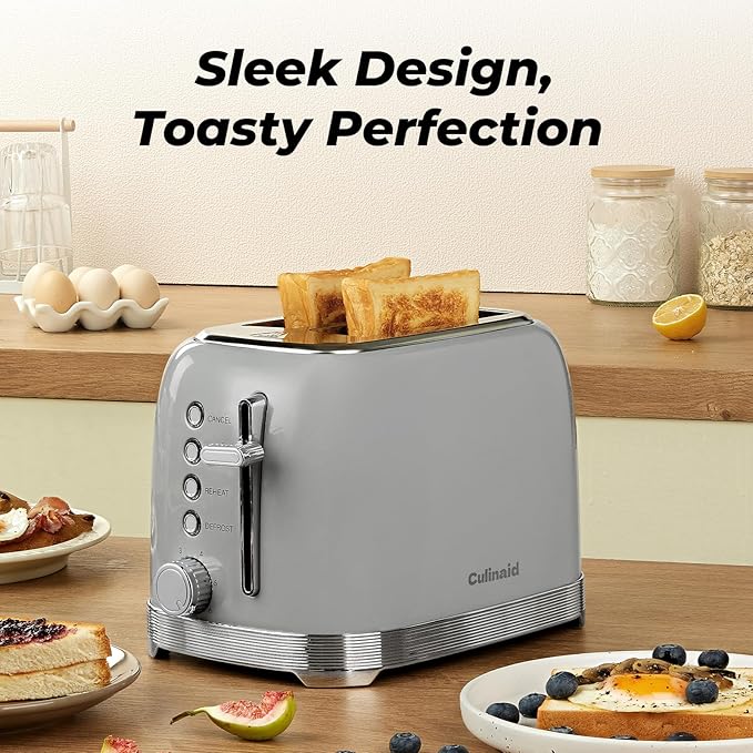 Toaster 2 Slice Retro Stainless Steel with 1.5” Extra Wide Slots Bagel, Defrost, Reheat, Cancel Functions, 6 Bread Shade Settings, Removable Crumb Tray, Gray