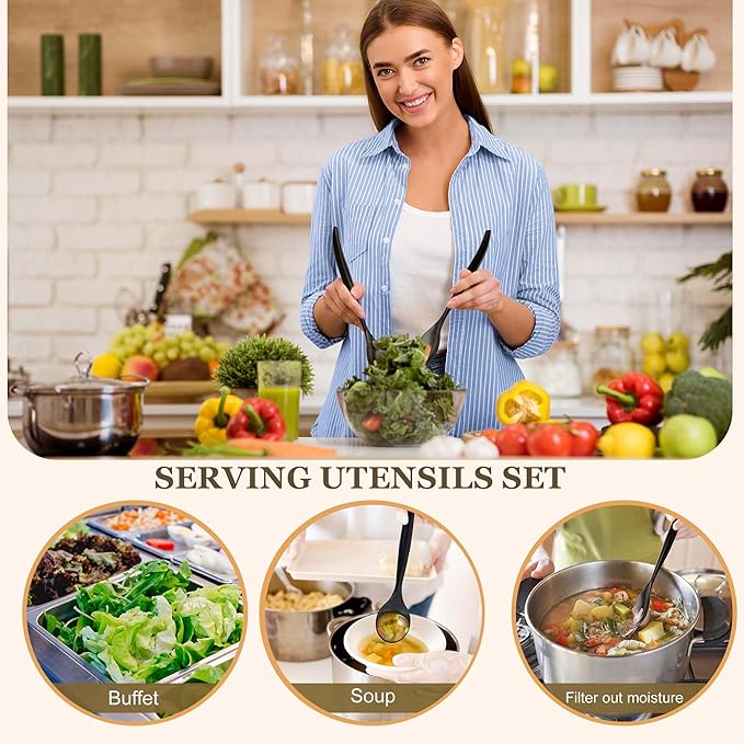 Mwellewm 32Pcs Serving Spoons 10'' Large Plastic Serving Utensils Set Slotted Disposable Serving Forks Heavy Duty Black Party Supplies for Buffet Restaurant Dinner Salad Noodles Soup