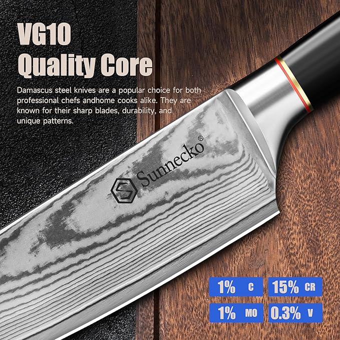 Sunnecko Damascus Knives Set,Japanese VG10 Core Steel Damascus 3PCS Chef Knife Set,Professional Razor Sharp Kitchen Knives Set with Knife Sharpner