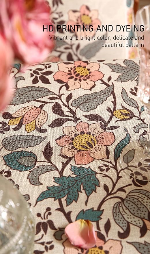 ISAENNE Designer Boho Floral Long Rectangle Tablecloth,Linen Lotus Flower Pattern Colorful Indoor Table Cloth,Durable Decor Tablecloths for Dining Thanksgiving Kitchen Christmas,63"*102"-Hazel A