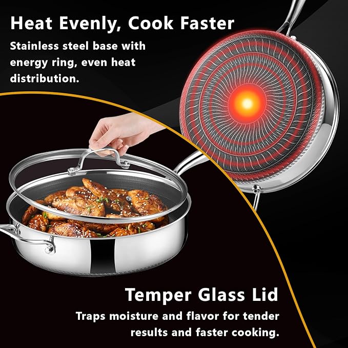 12 Inch Frying Pan Nonstick with Lid, 5.6QT Hybrid Ceramic Deep Saute Pan & Skillet, Tri-Ply Stainless Steel for Even Heat, PFOA/PFOS Free, Induction & Oven Safe