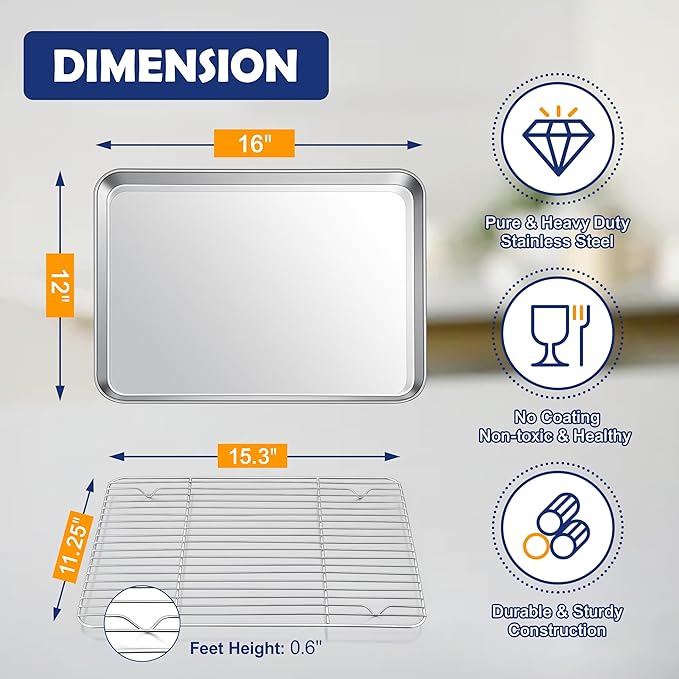16 Inch Baking Sheet Pan with Rack Set, Joyfair Stainless Steel Toaster Oven Pans Tray & Cooling Racks for Cookie/Jelly Roll/Bacon/Meat, Commercial Metal & Rust-free, Dishwasher Safe