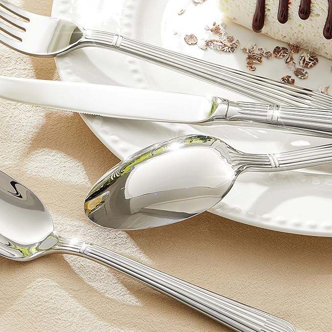 KINGSTONE 20-Piece Silverware Set, 18/10 Stainless Steel Flatware Set - Luxury Elegant Striped Cutlery with Dishwasher Safe, Durable for Family Dining, Catering, Weddings, Anniversaries Gift