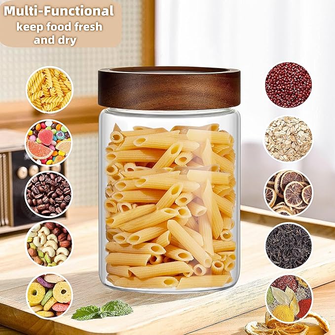 28 Fl oz/850 ml Glass Food Storage Jar, Premium Clear Glass Container Jar with Airtight Wooden Screw Lid, Kitchen Canisters for Coffee,Tea,Pasta,Cookies, Nuts,Spice,Candy,Overnight Oatmeal（Medium）