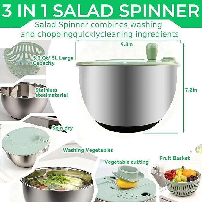 5.3Qt Stainless Steel Salad Spinner,Lettuce Spinner with Non-Slip Base,Multifunctional Design with a Crank,A Variety of Blades Make it Easy to Chop, BPA Free,Dishwasher Safe, Non-Slip Base.