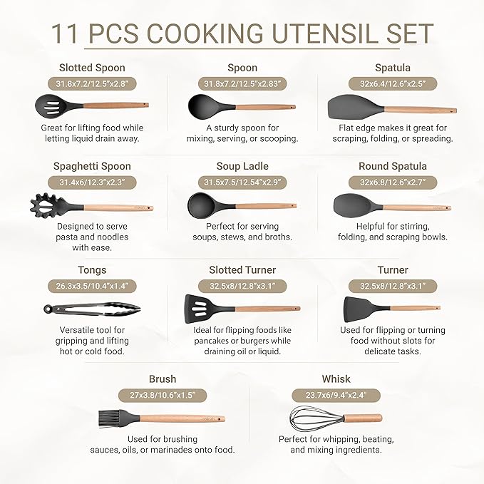 11-Piece Silicone Kitchen Utensils Set with Non Toxic Spatula, Tongs, Whisk, Turner & Ladle – Heat Resistant, Non-Scratch Cooking Tools with Wooden Handles, BPA-Free, Dishwasher Safe (Black)