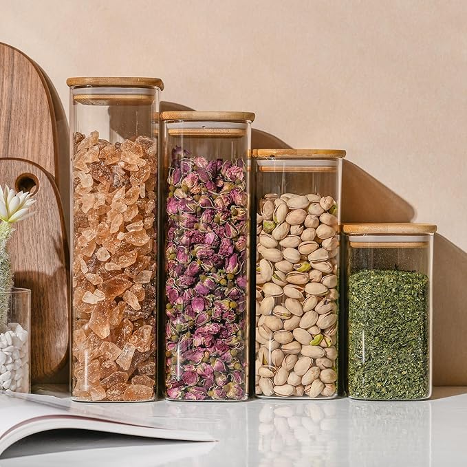 64oz Rectangle Airtight Glass Storage Containers with Bamboo Lids (Set of 4), Square Food Storage Jar, Pantry Organizers for Cereal, Flour, Pasta and Coffee beans (‎with Black Lable)