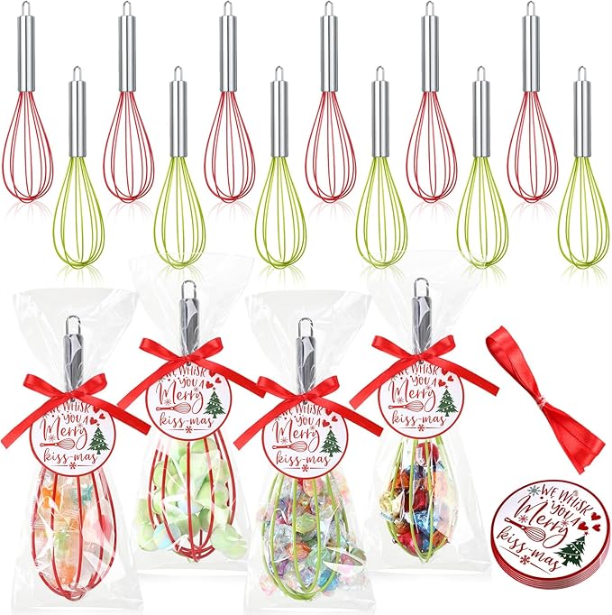 12 Sets 8 Inch Christmas Whisks Gifts DIY Fillable Christmas Tree Ornaments Xmas Colored Silicone Whisks for Cooking Heat Resistant Egg Beaters with Card Rope Bag for Candy Holder