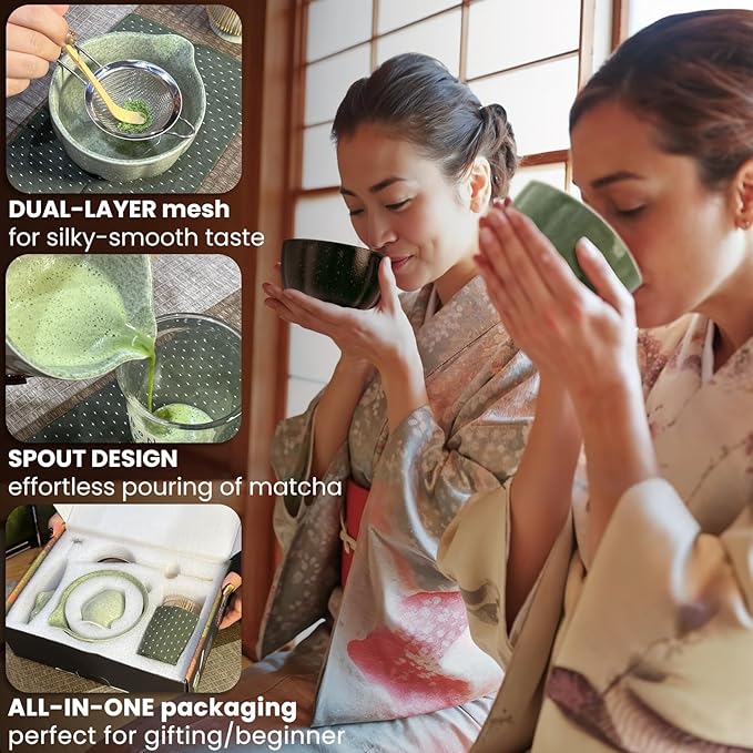 Matcha Whisk Set Incl. Ceramic Bowl With Spout, Whisk (Chasen), Stand, Bamboo Scoop, Sifter, Electric Frother, Tea Towel etc. 9 Pcs Matcha Making Starter Kit, Mottled Green